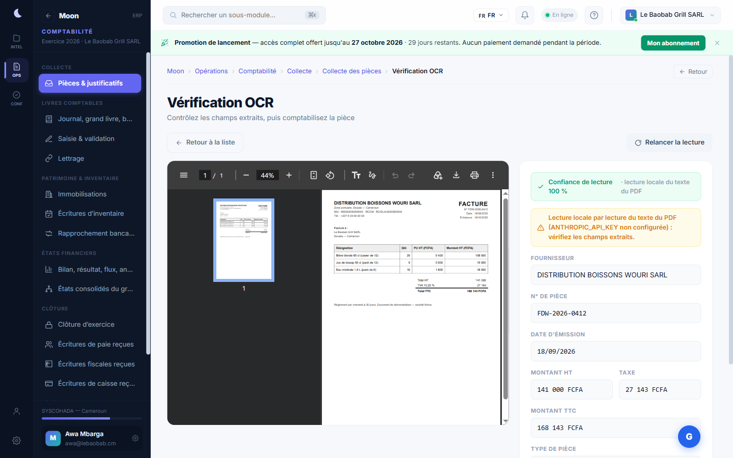 Facture fournisseur déposée : champs lus automatiquement, prêts à comptabiliser