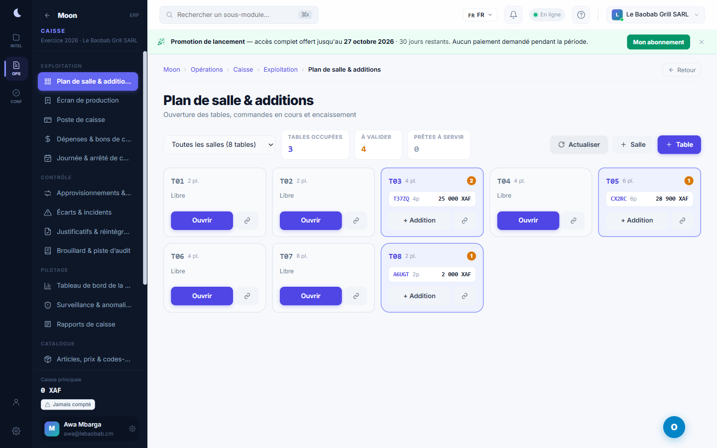 Caisse par table : plan de salle, tables occupées, additions en cours