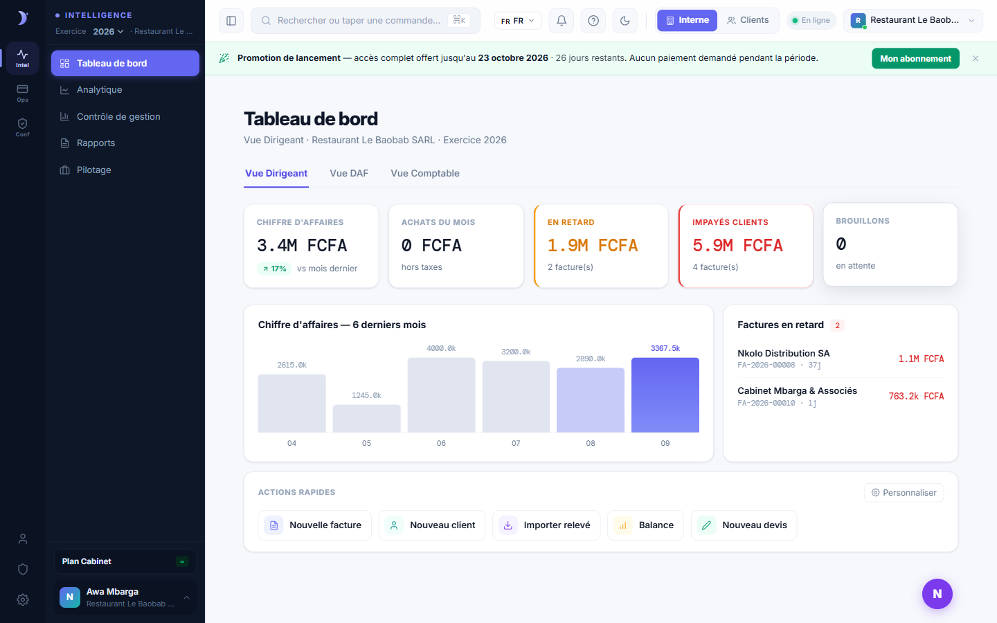 Tableau de bord Dirigeant : chiffre d’affaires, retards, indicateurs